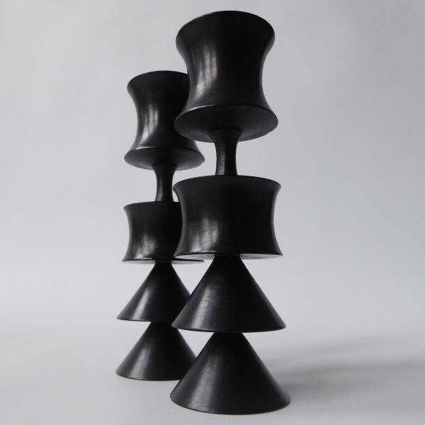 2 vintage ebony or black wood carved candlesticks. Black hooped, Japanese style - Image 8