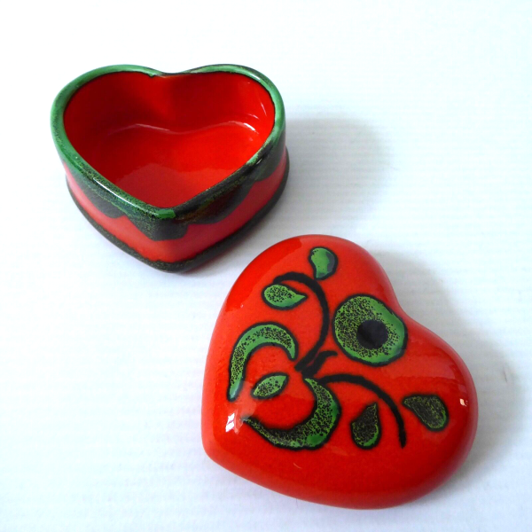 70s orange ceramic heart shaped container box, West German Zell am Harmersbach