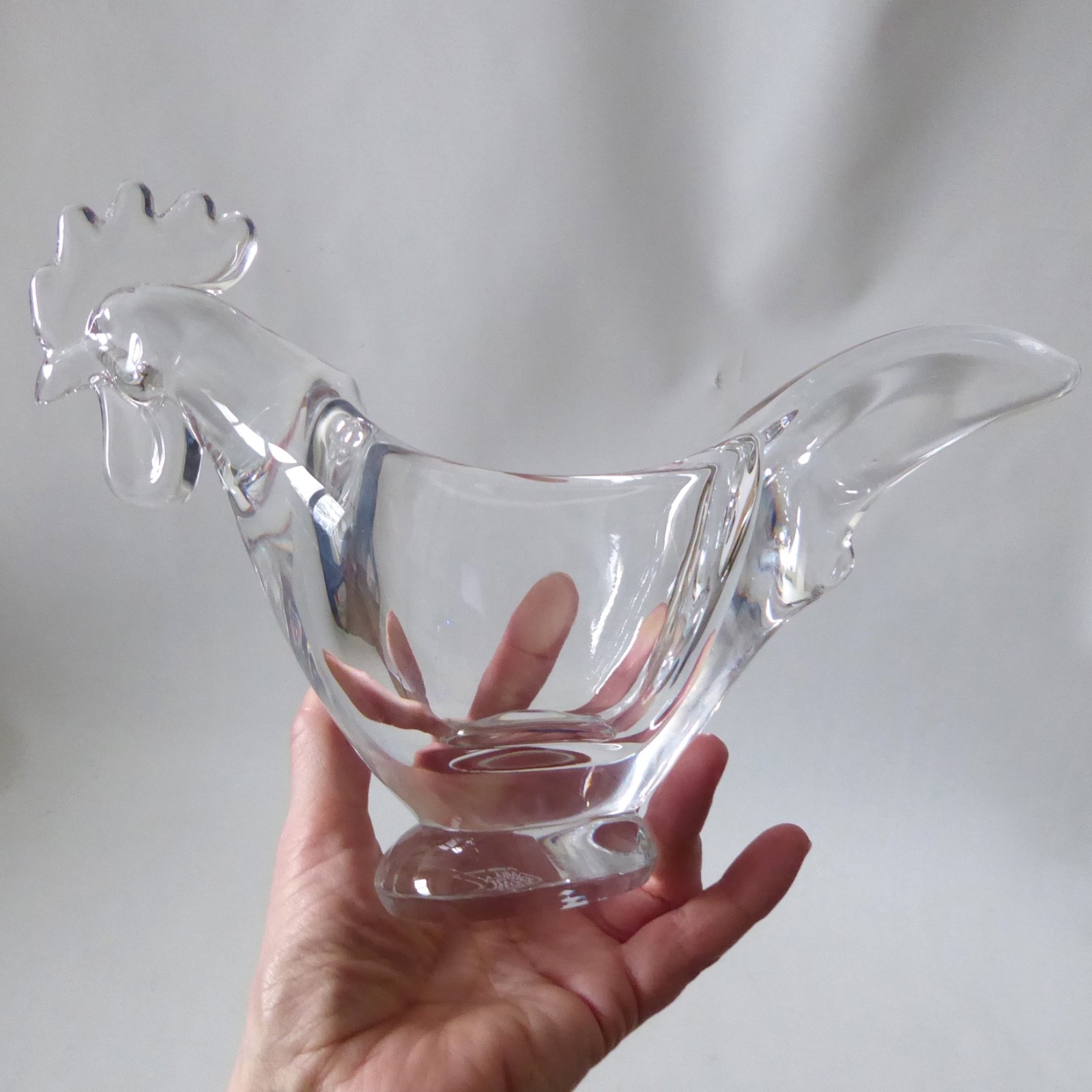 Art Vannes French crystal art glass bowl dish, vintage MCM, cockerel rooster hen - Image 3