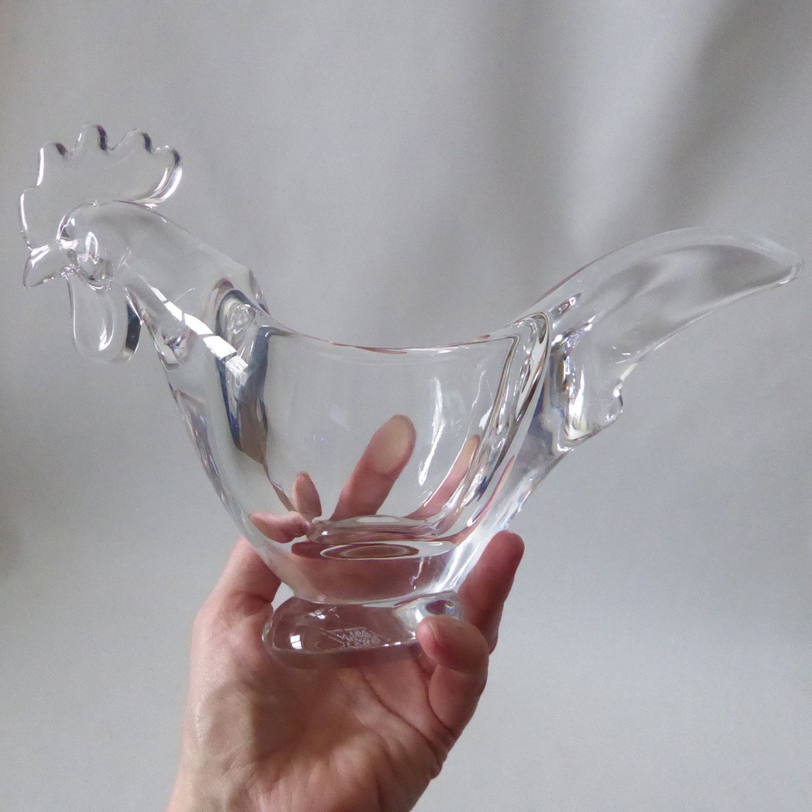 Art Vannes French crystal art glass bowl dish, vintage MCM, cockerel rooster hen - Image 4