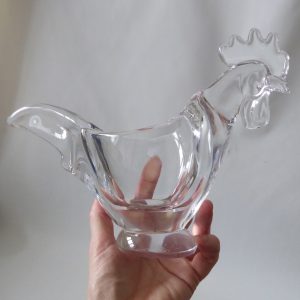 Art Vannes French crystal art glass bowl dish, vintage MCM, cockerel rooster hen