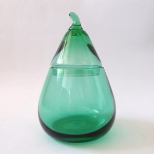 Art glass green pear shaped lidded box container pot jar. Ornament Scandi style