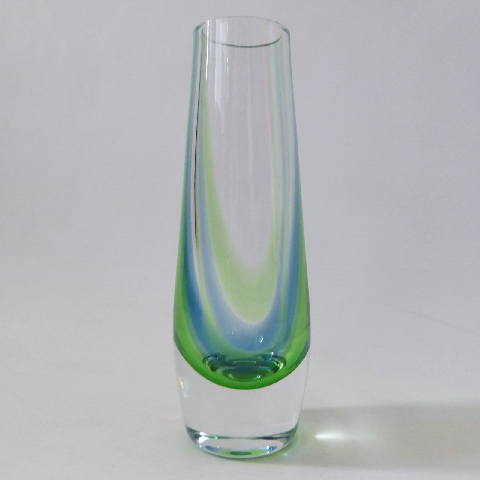 Caithness Oban art glass vase. Vintage blue & green stripes, cased. Charles Orr