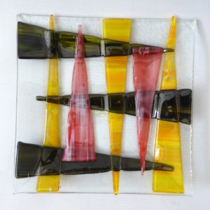 Czech hand made fused glass dish, square black, yellow & red. Vintage artisan 7"