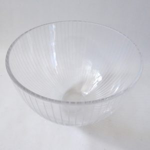 Dartington Crystal large glass fruit bowl, round clear + etched stripes, modern