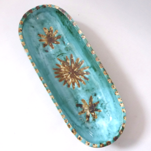 David Sharp Pottery, Rye, long studio art bowl dish, turquoise & brown stars 70s