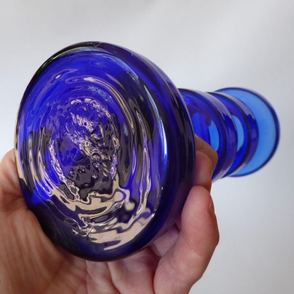 Ingrid Glass vintage art glass pillar candle holder, cobalt blue hooped German - Image 11