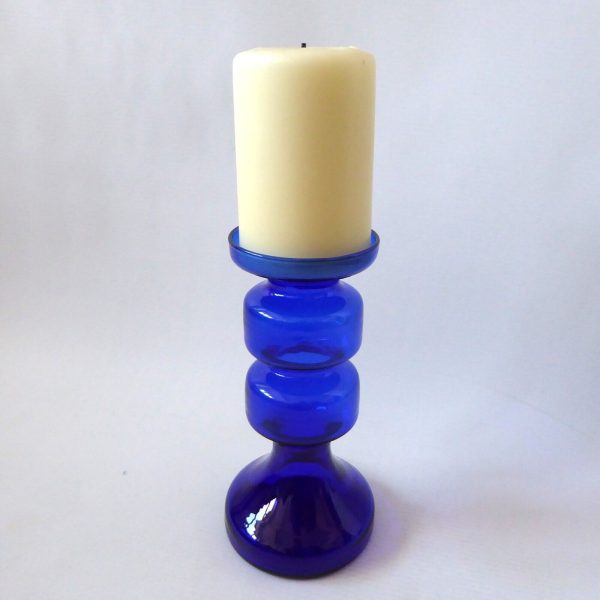 Ingrid Glass vintage art glass pillar candle holder, cobalt blue hooped German - Image 13