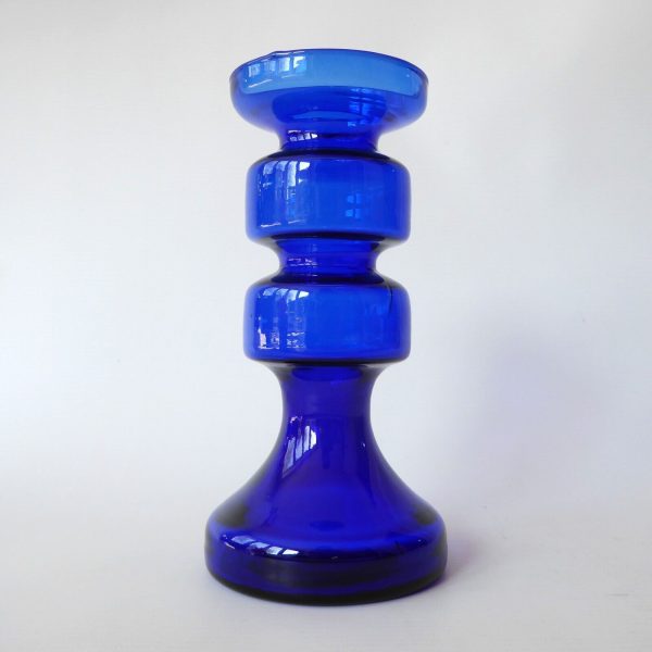 Ingrid Glass vintage art glass pillar candle holder, cobalt blue hooped German - Image 3