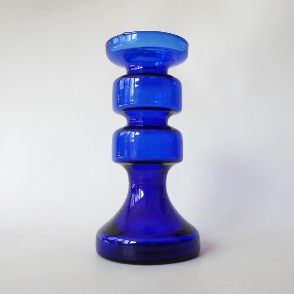 Ingrid Glass vintage art glass pillar candle holder, cobalt blue hooped German - Image 4