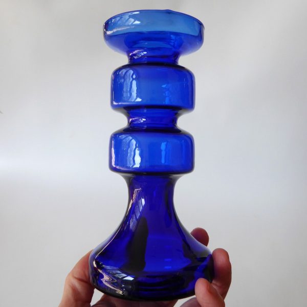 Ingrid Glass vintage art glass pillar candle holder, cobalt blue hooped German - Image 5