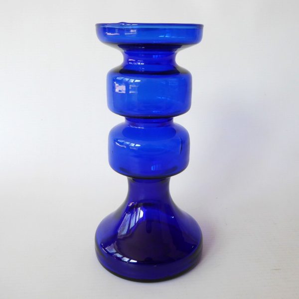 Ingrid Glass vintage art glass pillar candle holder, cobalt blue hooped German - Image 6