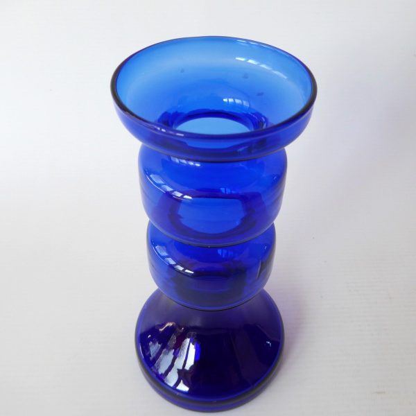 Ingrid Glass vintage art glass pillar candle holder, cobalt blue hooped German - Image 7