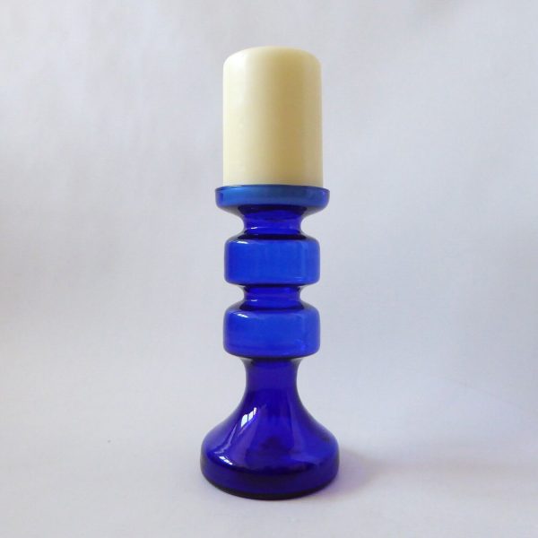 Ingrid Glass vintage art glass pillar candle holder, cobalt blue hooped German