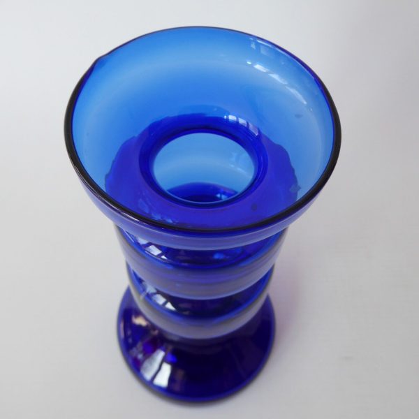 Ingrid Glass vintage art glass pillar candle holder, cobalt blue hooped German - Image 8