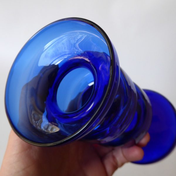 Ingrid Glass vintage art glass pillar candle holder, cobalt blue hooped German - Image 9