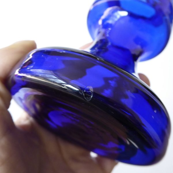 Ingrid Glass vintage art glass pillar candle holder, cobalt blue hooped German - Image 10