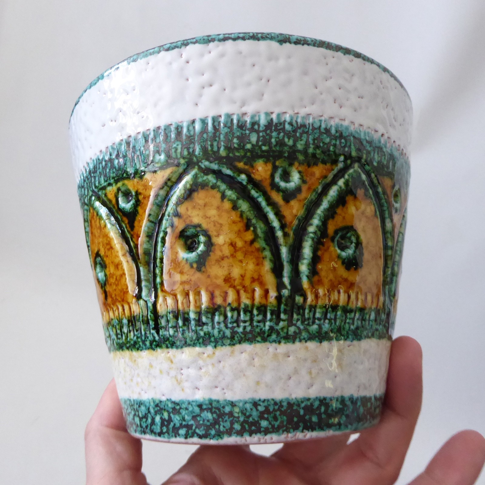 Italian plant pot planter, white & gold sgraffito pottery ceramic, vintage retro - Image 2