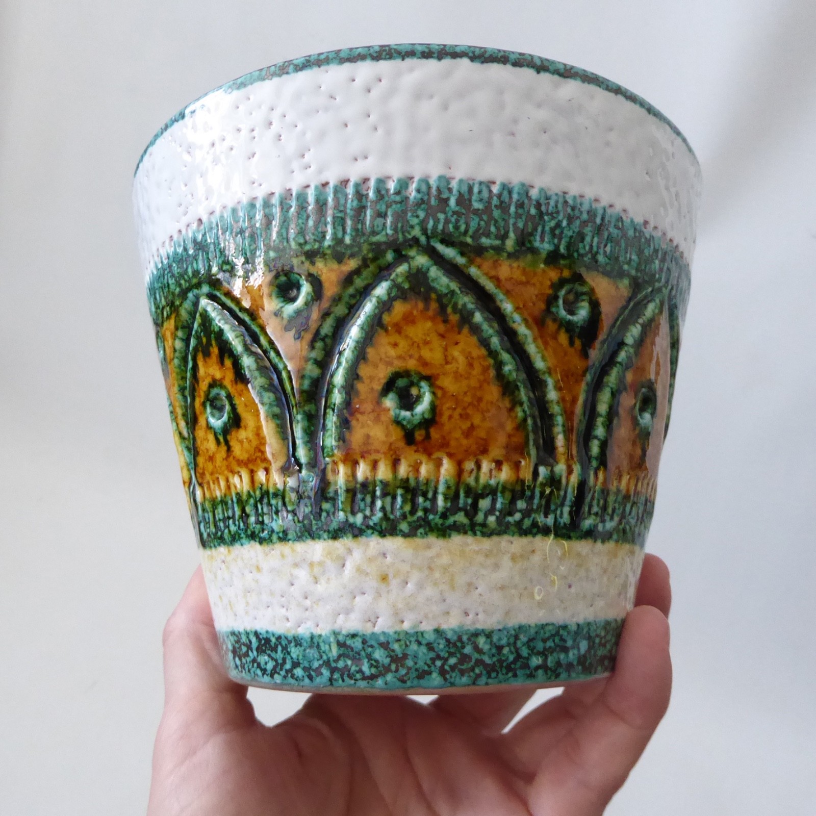 Italian plant pot planter, white & gold sgraffito pottery ceramic, vintage retro - Image 3