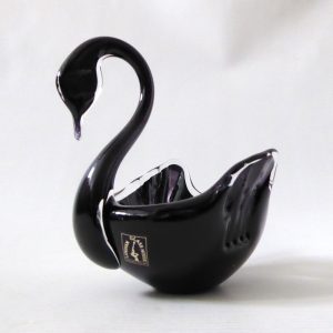 Langham cased black art glass swan figurine, dish bowl. Retro style. Sticker