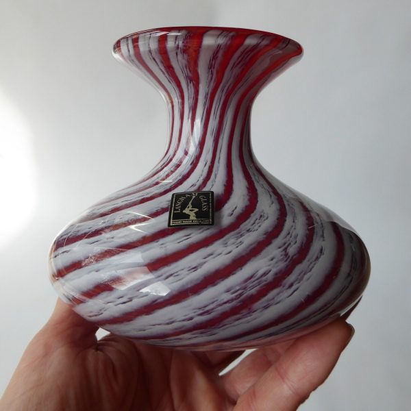 Langham vintage art glass vase, red white twisted stripes, label & etch signed. - Image 11