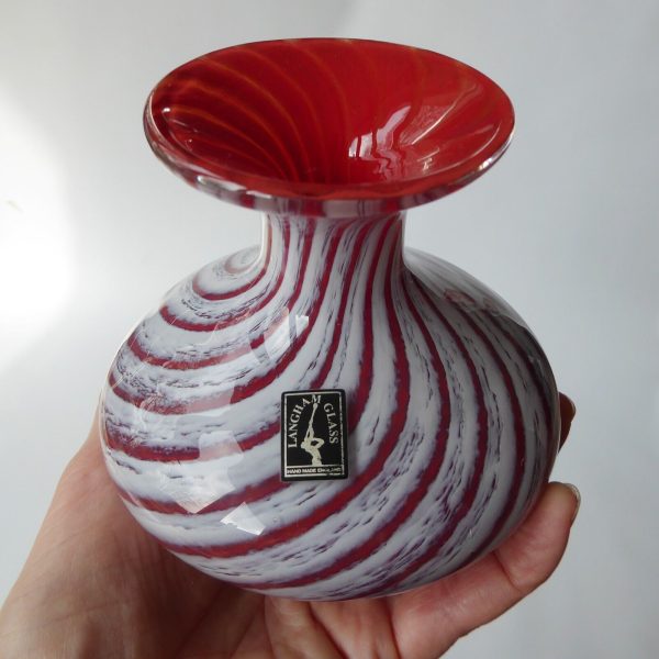 Langham vintage art glass vase, red white twisted stripes, label & etch signed. - Image 12
