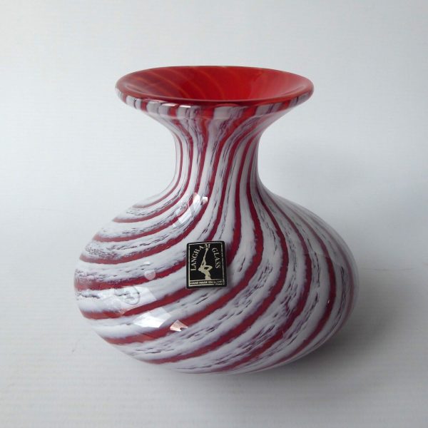 Langham vintage art glass vase, red white twisted stripes, label & etch signed. - Image 3