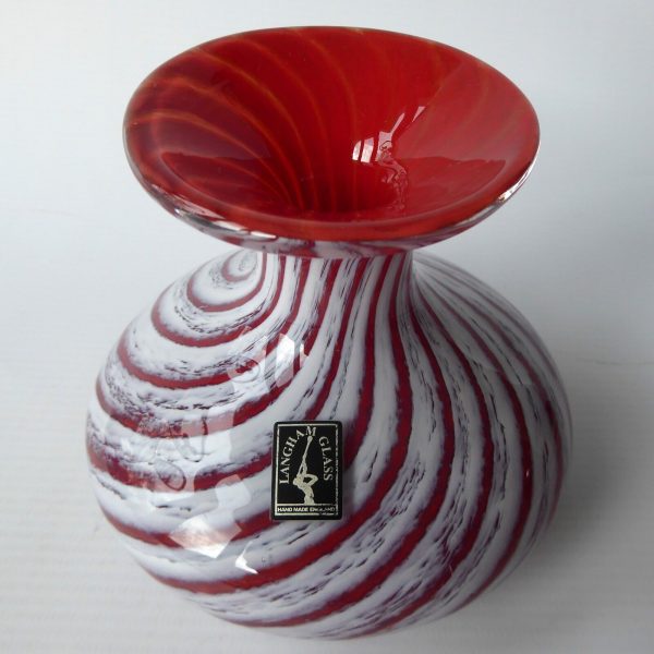 Langham vintage art glass vase, red white twisted stripes, label & etch signed. - Image 4