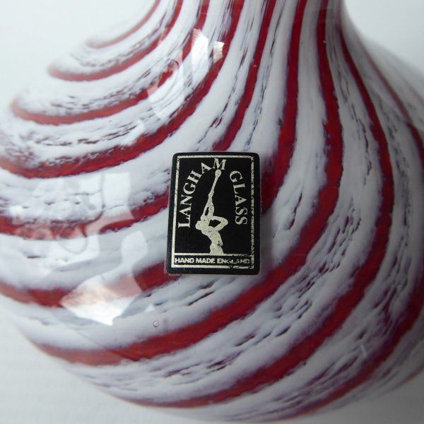 Langham vintage art glass vase, red white twisted stripes, label & etch signed. - Image 5