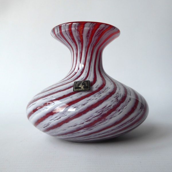Langham vintage art glass vase, red white twisted stripes, label & etch signed.