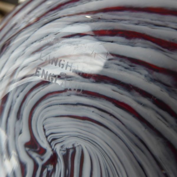 Langham vintage art glass vase, red white twisted stripes, label & etch signed. - Image 9