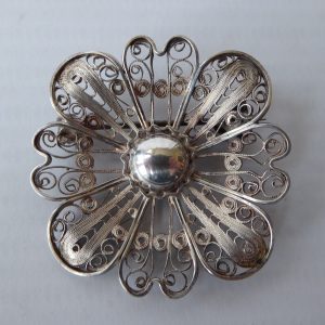 Norwegian filigree silver vintage brooch, signed 830S JFNI, round flower Scandi