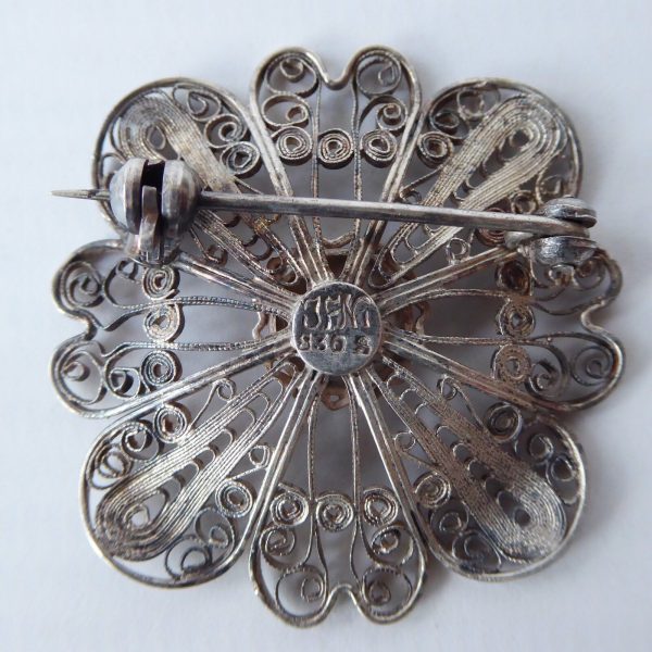Norwegian filigree silver vintage brooch, signed 830S JFNI, round flower Scandi - Image 7
