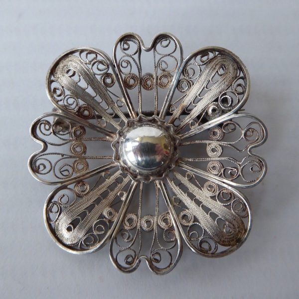 Norwegian filigree silver vintage brooch, signed 830S JFNI, round flower Scandi