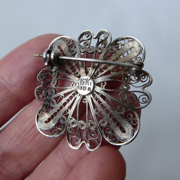 Norwegian filigree silver vintage brooch, signed 830S JFNI, round flower Scandi - Image 8
