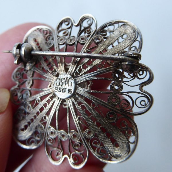 Norwegian filigree silver vintage brooch, signed 830S JFNI, round flower Scandi - Image 9