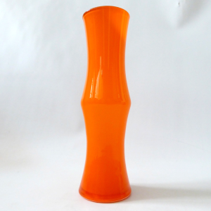 Orange cased white vintage art glass bamboo vase. Retro 70s. Empoli Scandi style
