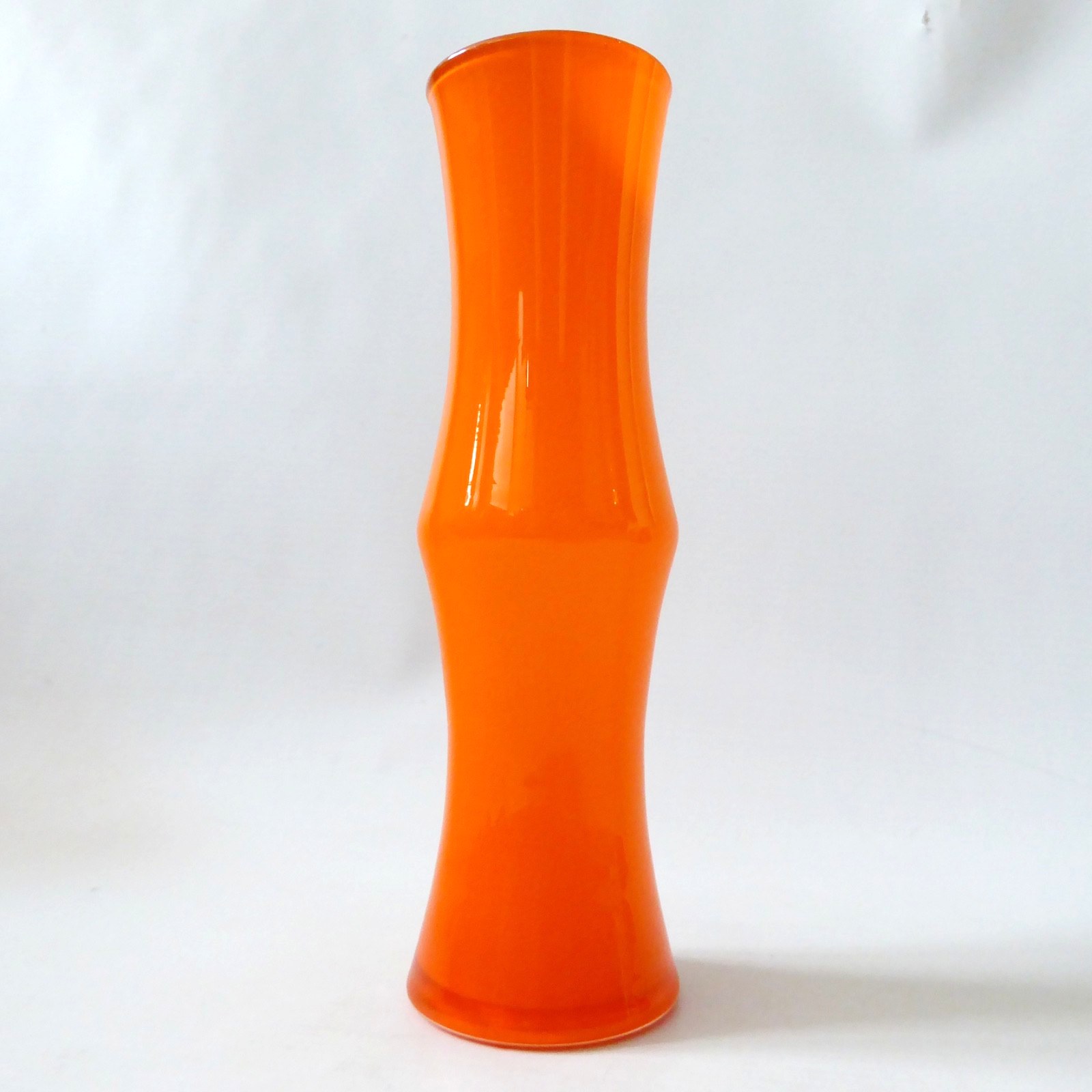 Orange cased white vintage art glass bamboo vase. Retro 70s. Empoli Scandi style