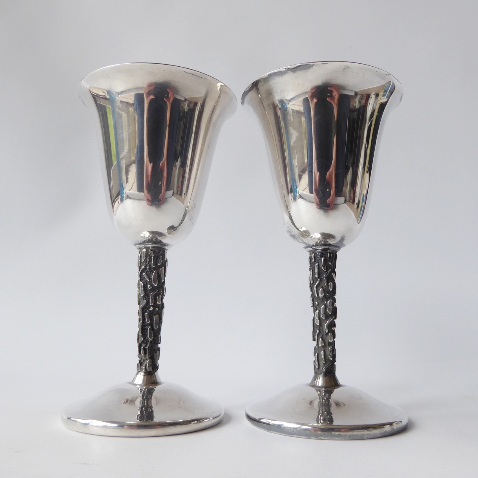 Pinder Bros. Sheffield pair silver plated goblets, 1960s mid century brutalist