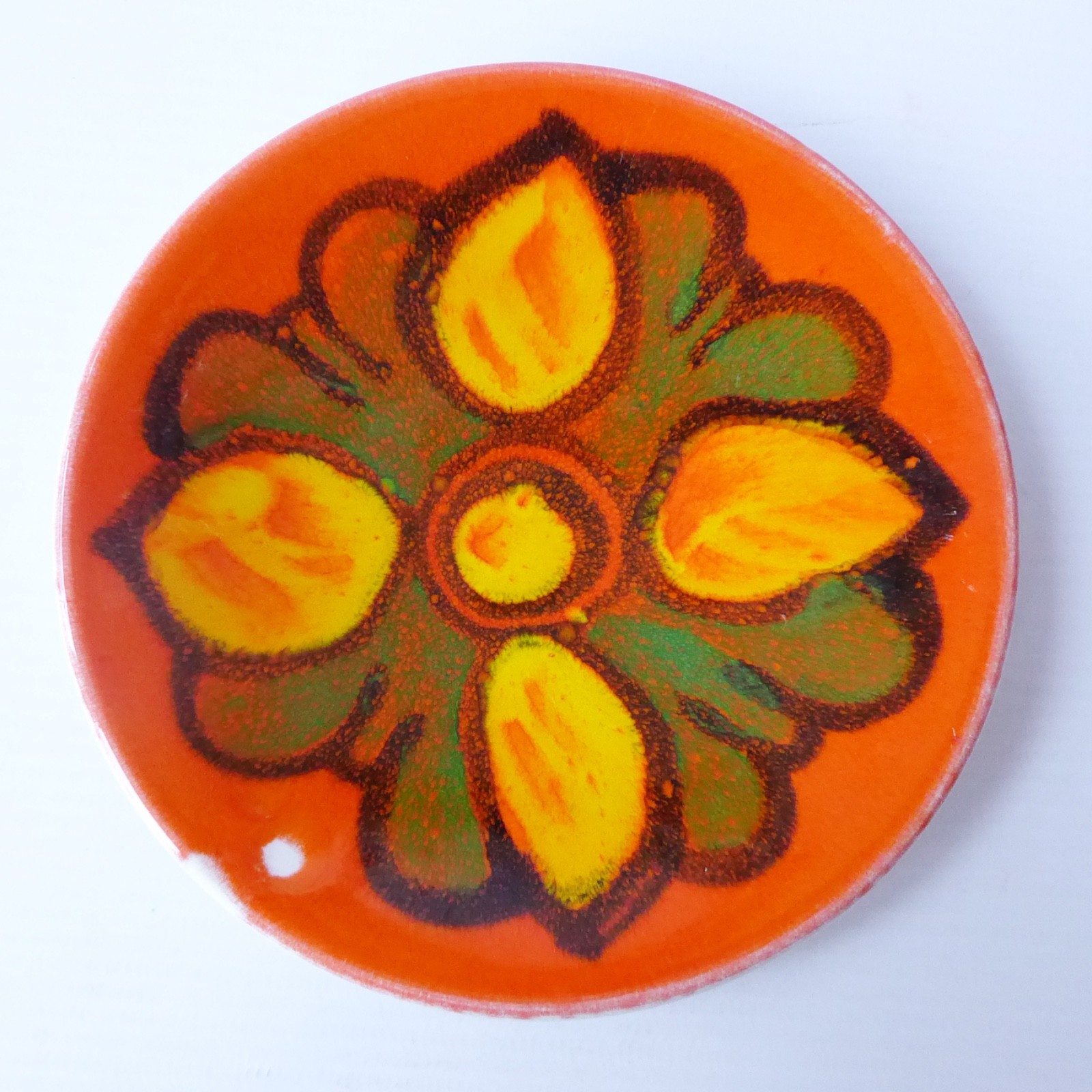 Poole pottery Delphis small orange plate, shape 49. Retro round orange signed R
