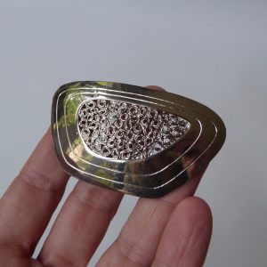 Retro 1960s/1970s shiny steel or silver tone large brooch, modernist asymmetric