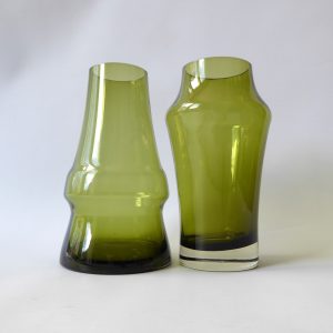 Riihimaki 1581 + piippu vintage art glass vases, olive green Finland, Riihimaen