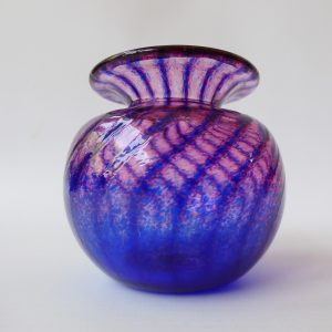 Robert Held (RHAG) art glass vase, blue pink twist stripe small pot. Canada 2004