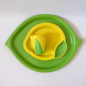 Robert Welch melamine kids lemon plate bowl, leaf tray & beaker. Green yellow