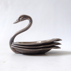 SEBA silver plated swan figurine. Vintage + stacking shallow dishes ashtray, 70s