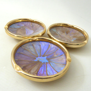 Set 3 Morpho blue butterfly wing ornamental ashtrays, pin dishes. Gold aluminium