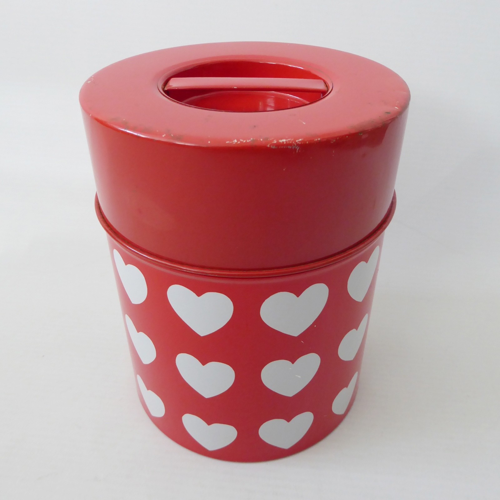 Vintage 1970s 1980s red & white love hearts storage tin canister. Retro cylinder