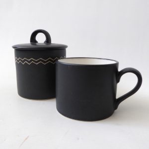 Vintage Habitat Sgraffito lidded sugar bowl + teacup. 1980s 1990s black & white