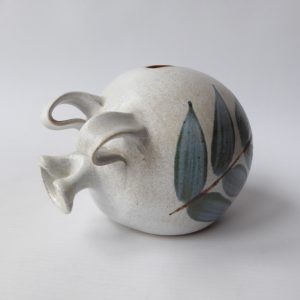 Vintage Studio pottery piggy bank money box, round, leaf motif. 1970s retro