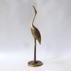 Vintage brass crane stalk figurine. Cast metal figure, stylised retro bird 1970s